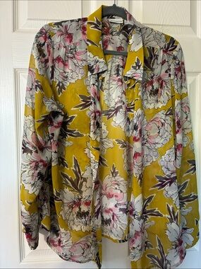 Liz Claiborne Yellow Floral Blouse with Pink, White and Gray Accents